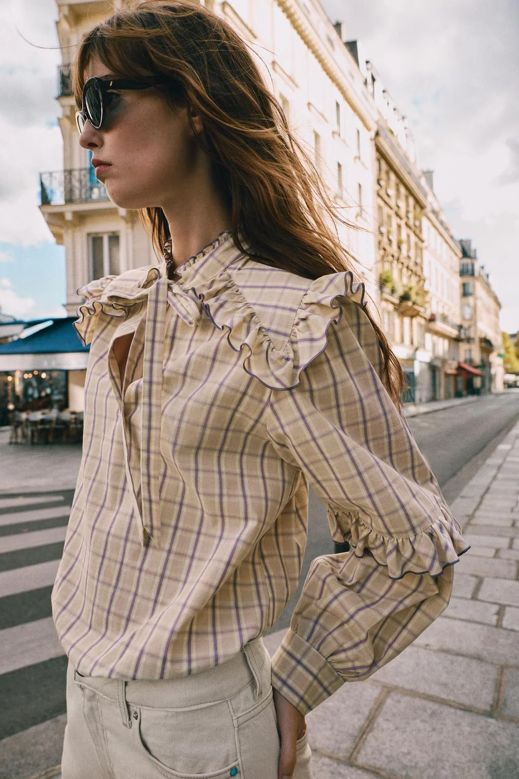 Блуза Zara в клетку с воланами, сиренево-розовый — фото 4