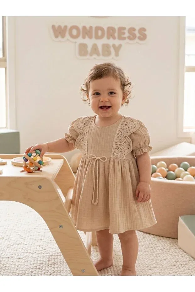 Детское платье для девочек с вышивкой Cherrys Bebek, Beige