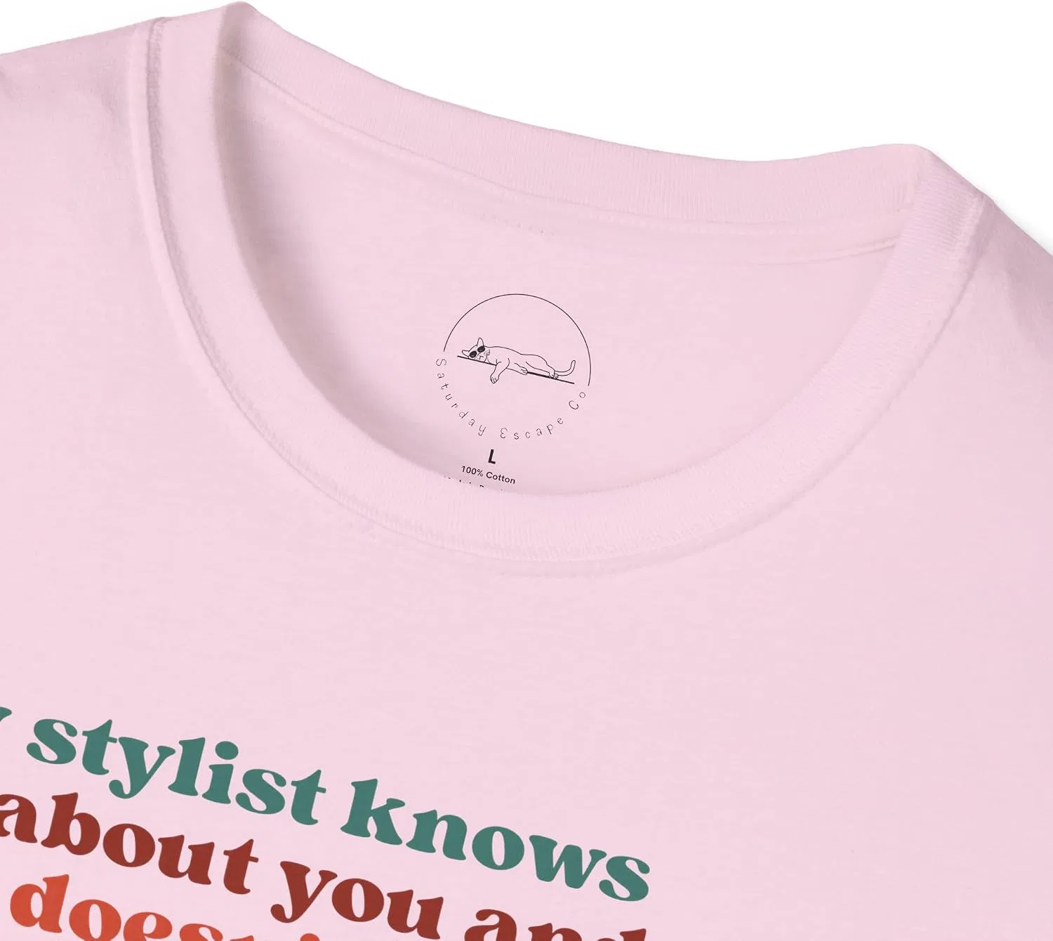 Женская футболка с принтом My Stylist Knows All About You and She Doesn't Like You Either, светло-розовый — фото 3