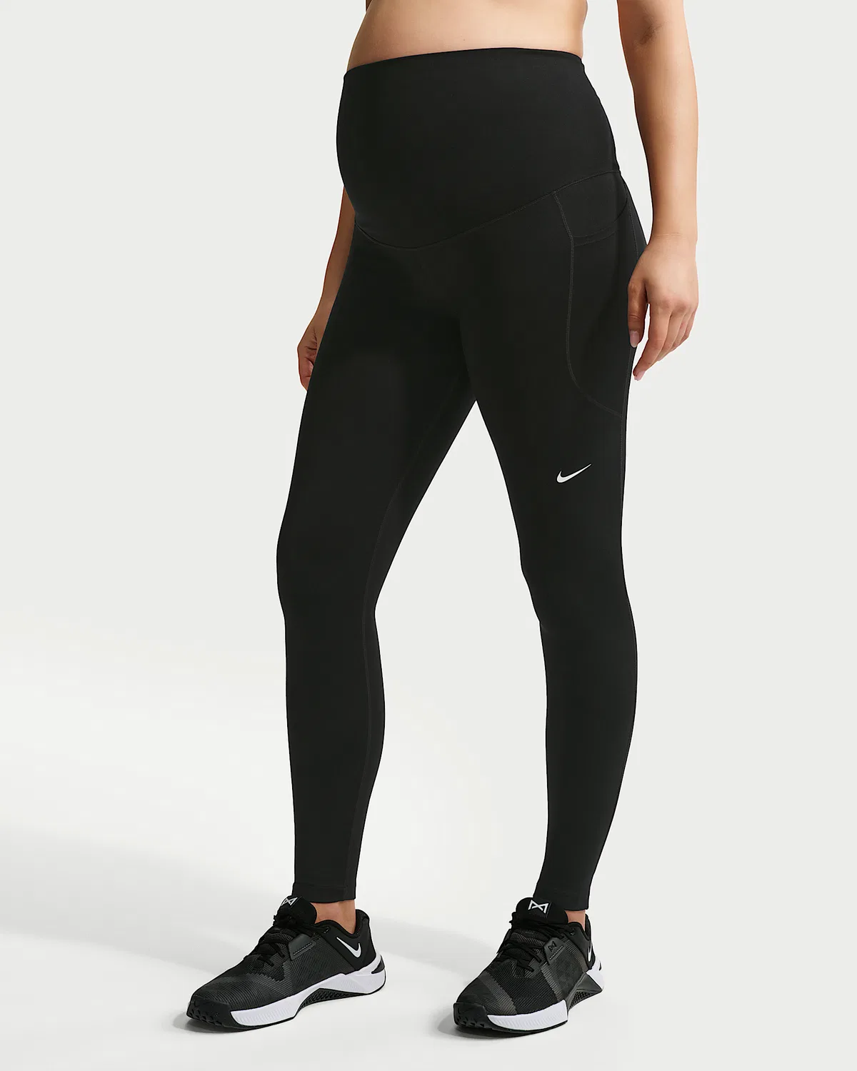 Женские леггинсы с высокой талией 7/8 с карманами (для беременных) Nike (M) One, Black/White — фото 2