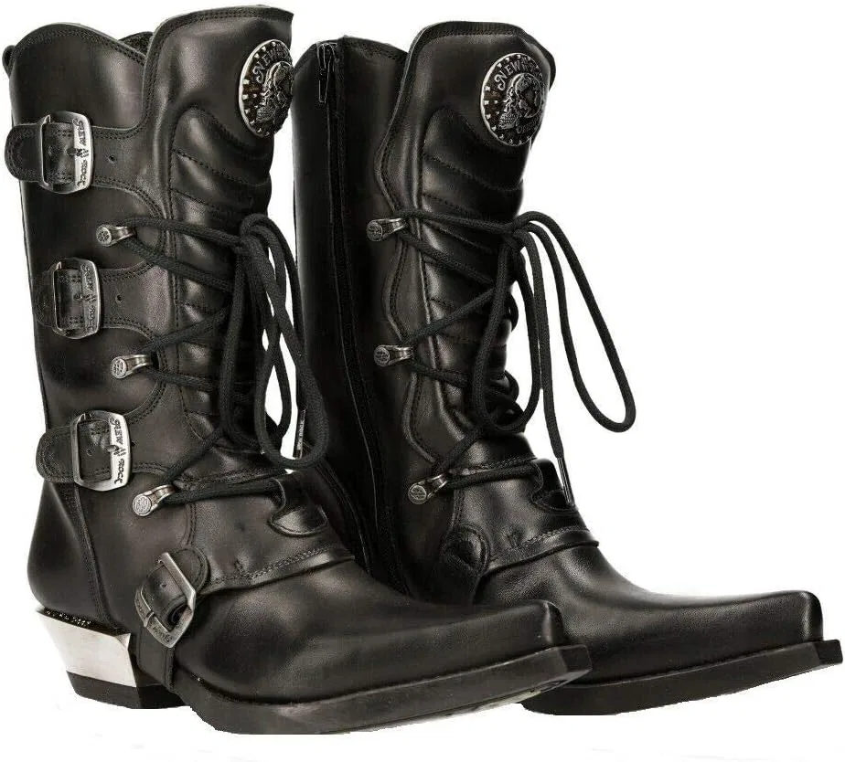 Ковбойские ботинки New Rock Western Cowboy 7993 из кожи с пряжкой, массивные, до колена, Black — фото 2