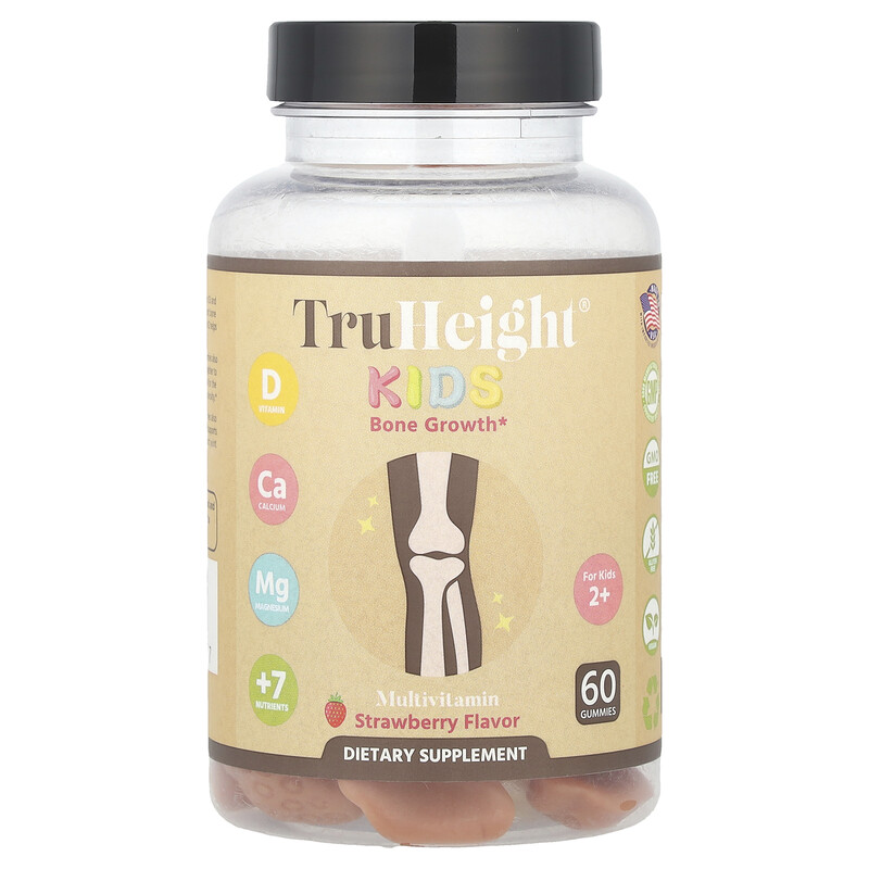 

TruHeight, Kids, жевательные таблетки для роста костей, для детей от 2 лет, со вкусом клубники, 60 жевательных таблеток