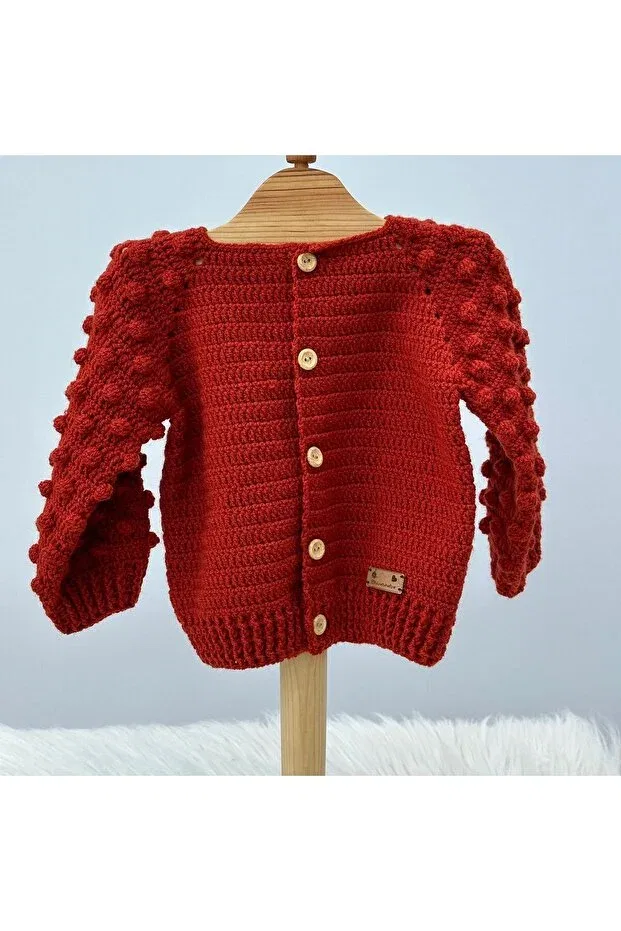 Детский кардиган с длинным рукавом Hand knitted crochet popcorn model woolen baby El Örgüsü, Tile — фото 2