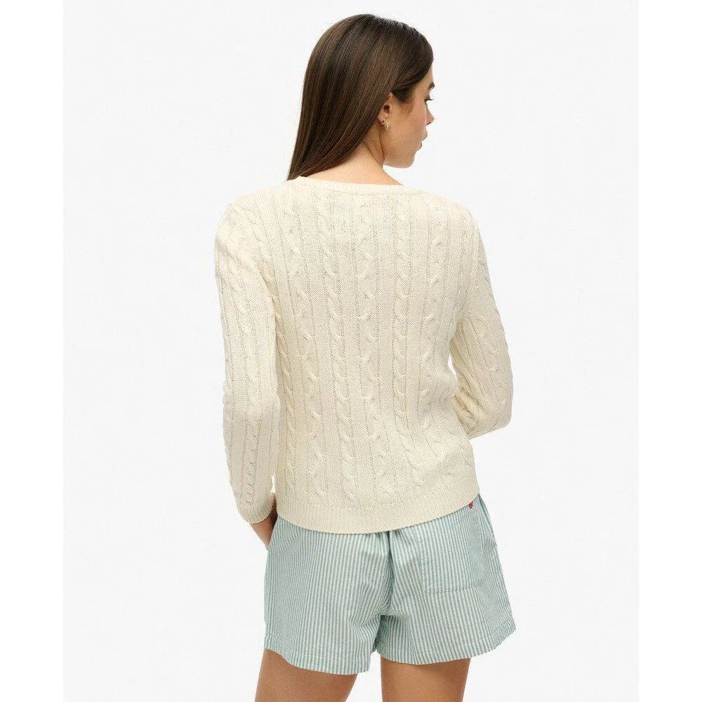 Женский пуловер с мелкой вязкой и косами Superdry, Beige / Baumwollweiß / Weiss — фото 4