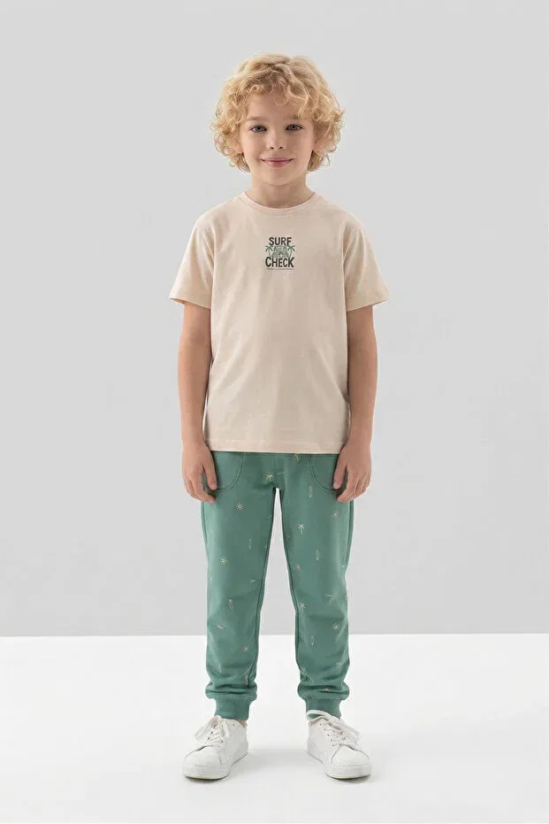 Детский спортивный комплект для мальчиков с принтом Crew Neck Print Detailed Patterned Boys' Tracksuit Set Black One, Beige