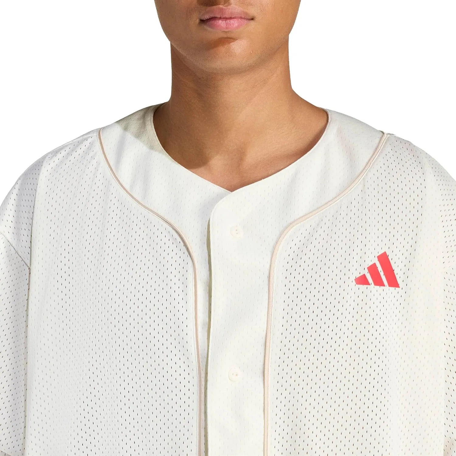 Мужская футболка бейсбольная с сетчатой тканью Stadium Mesh adidas, Off White/Crystal Linen/Pure Ruby — фото 4