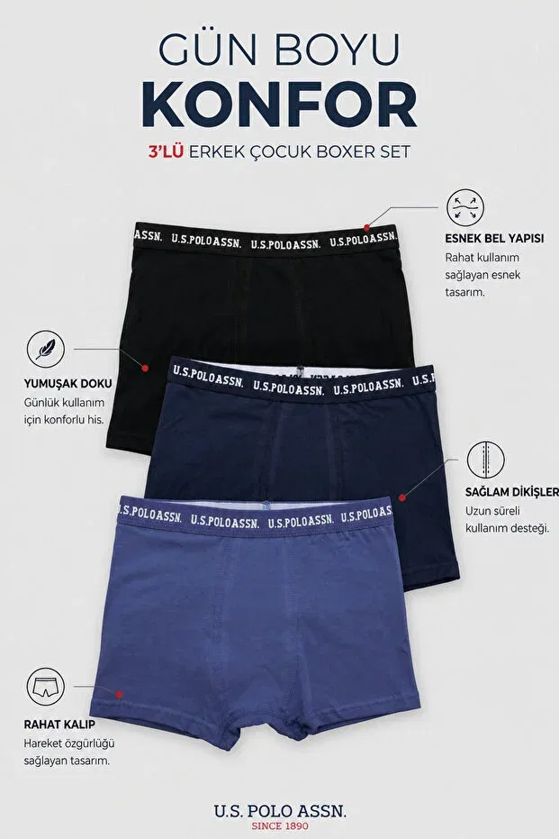 Детские боксеры для мальчиков хлопковые комплект 3 шт U.S. Polo Assn., Indigo — фото 2