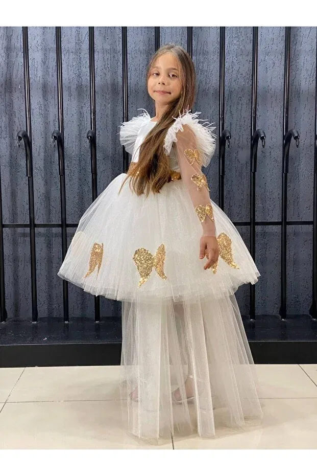 Детское платье для девочек с длинным рукавом Angel Wings Tail Sare Çocuk Giyim, White — фото 4