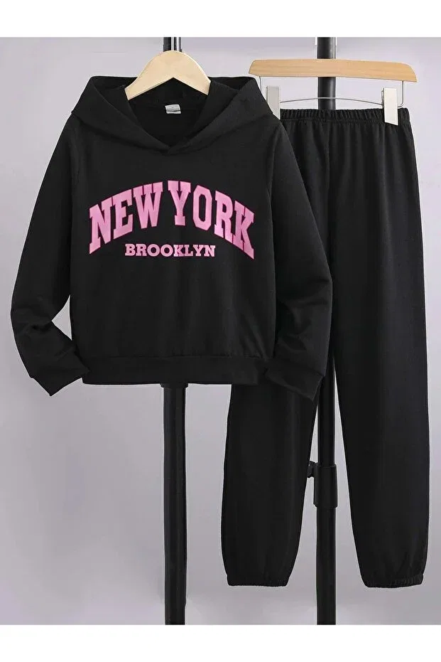Детский комплект спортивный с принтом Kids New York Brooklyn Pink Printed Black Hooded 3 Thread Tracksuit Set Keywest, Black