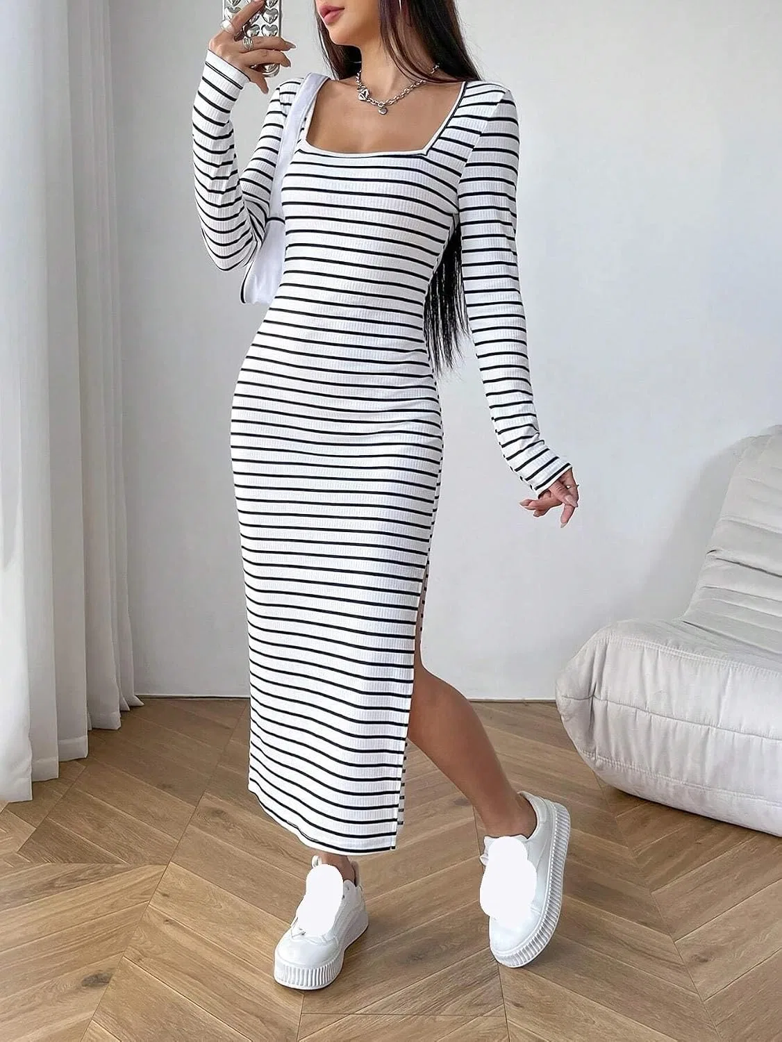 Женское платье миди с квадратным вырезом в полоску Bodycon, Black and White — фото 3