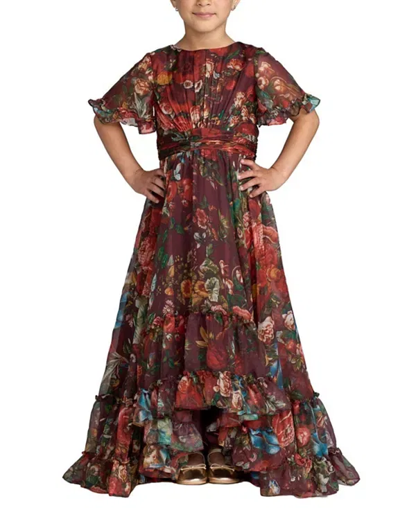 Детское платье для девочек с воланами High Neck Ruffle Hi Low Gown Mac DUGGal, Wine Multi