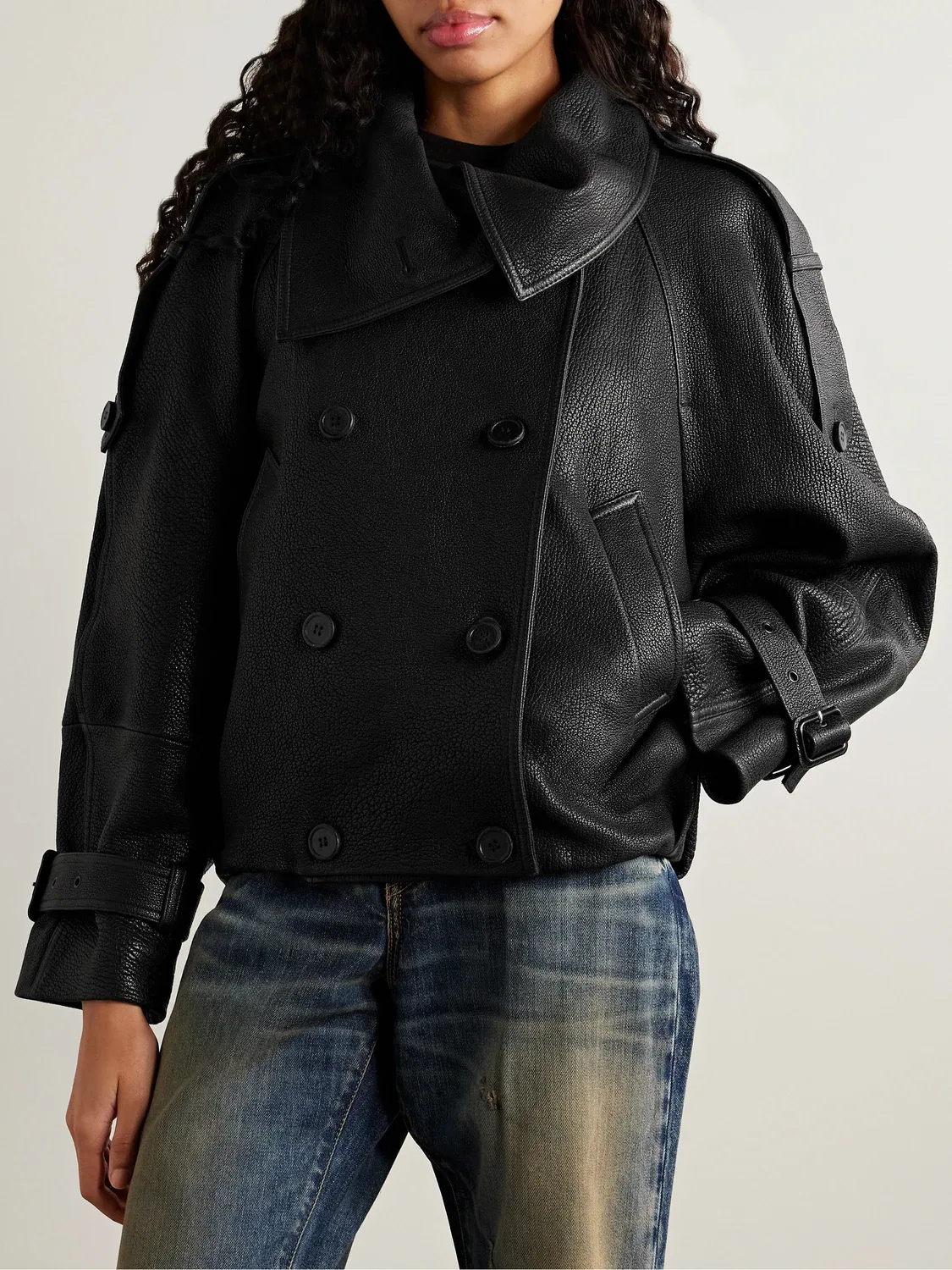 Двубортная кожаная куртка с текстурой Acne Studios, черный — фото 3