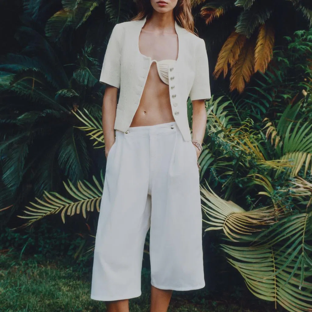 Женский деловой костюм с круглым вырезом Raw White ZARA, Белый — фото 4