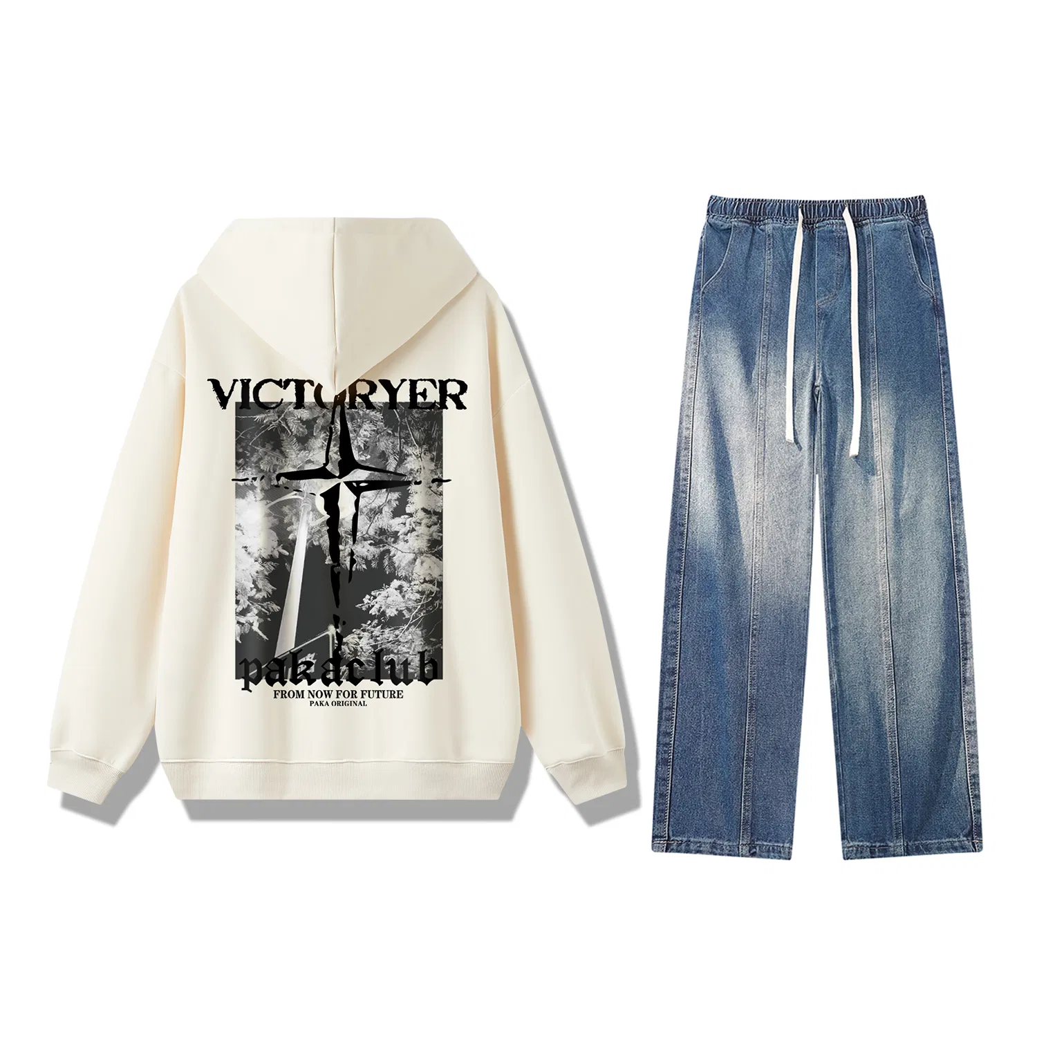 Детский комплект из худи и брюк с капюшоном PAKA, Cream Top+Vintage Blue Pants