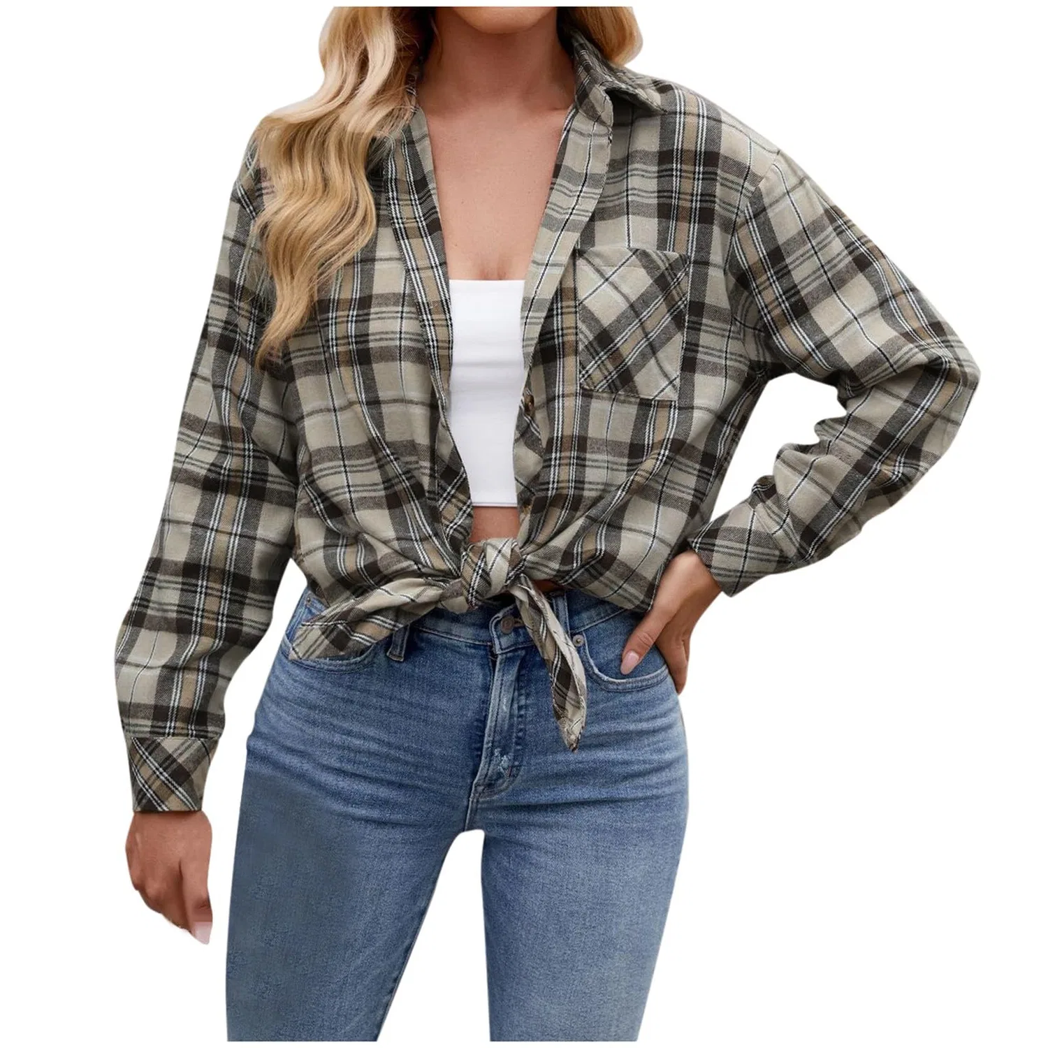 Женская куртка с принтом Plaid Patchwork, с длинным рукавом, beige