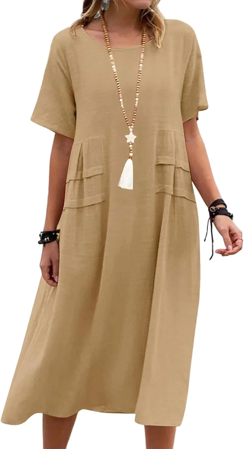 Женское летнее свободное платье миди с карманами, Earthy Yellow
