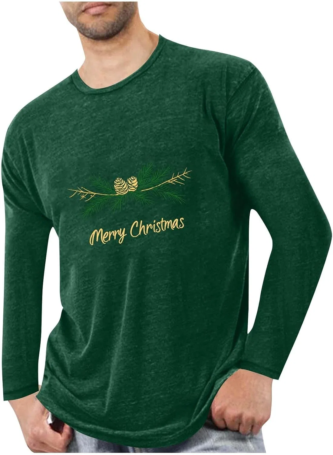 Мужская футболка с рождественским принтом Crewneck Pullover Long Sleeve, Army Green