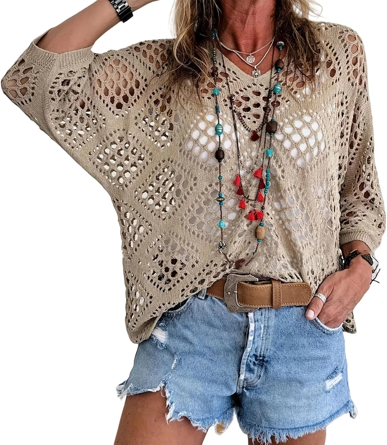 Женская ажурная вязаная накидка Crochet Hollow Out, Khaki