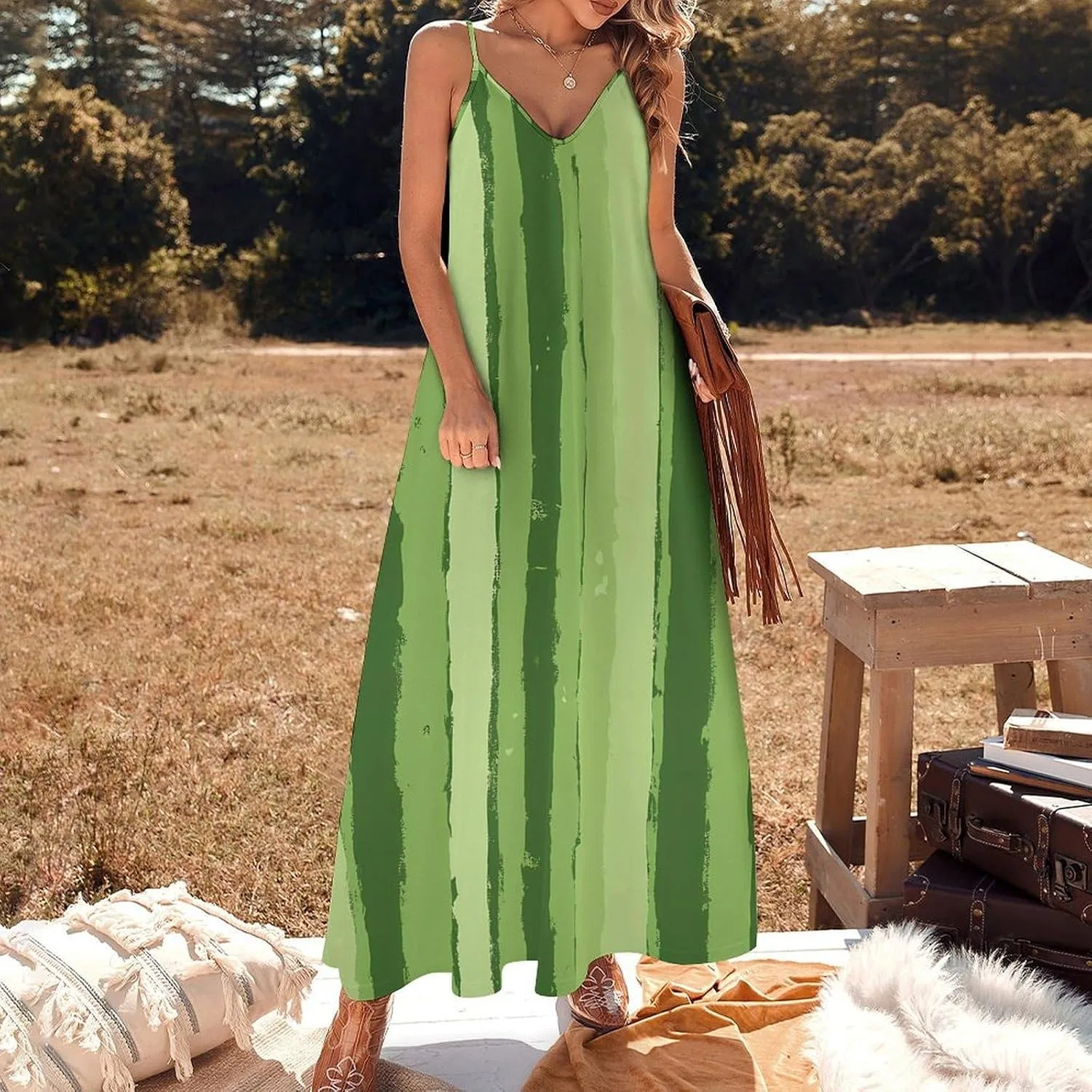 Женское свободное платье-макси на бретелях с полосками, Green Stripes — фото 3