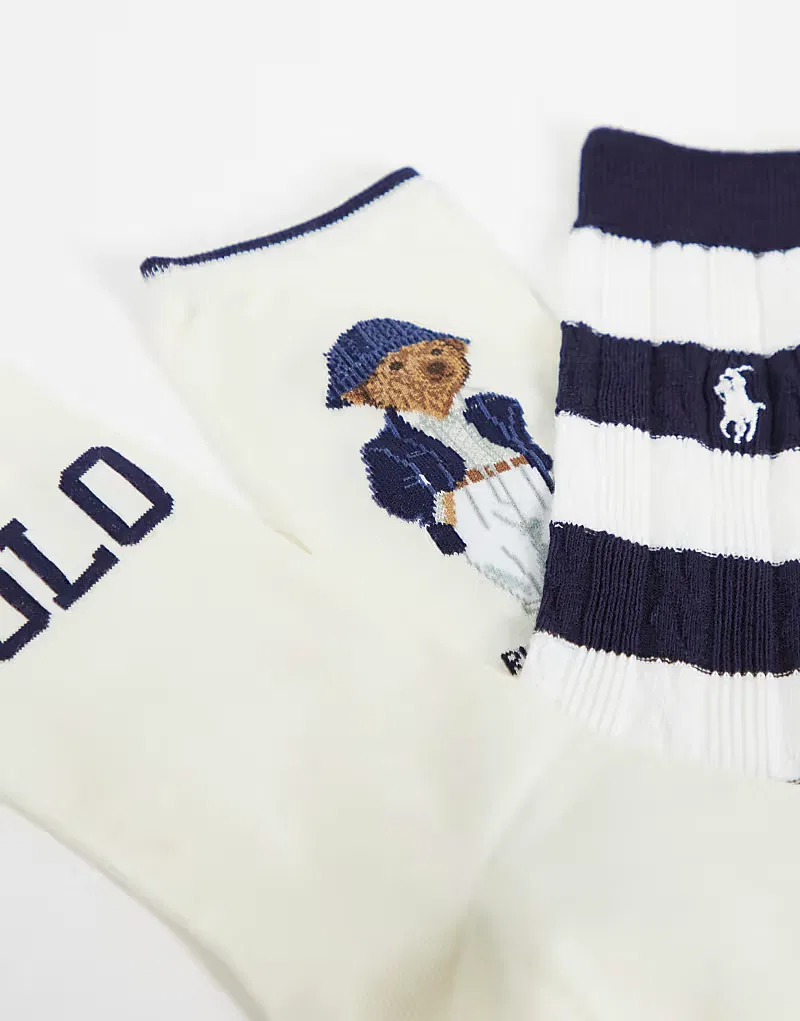 Набор из 3 пар носков Polo Ralph Lauren с логотипом в виде медвежьей полоски, разноцветные — фото 2