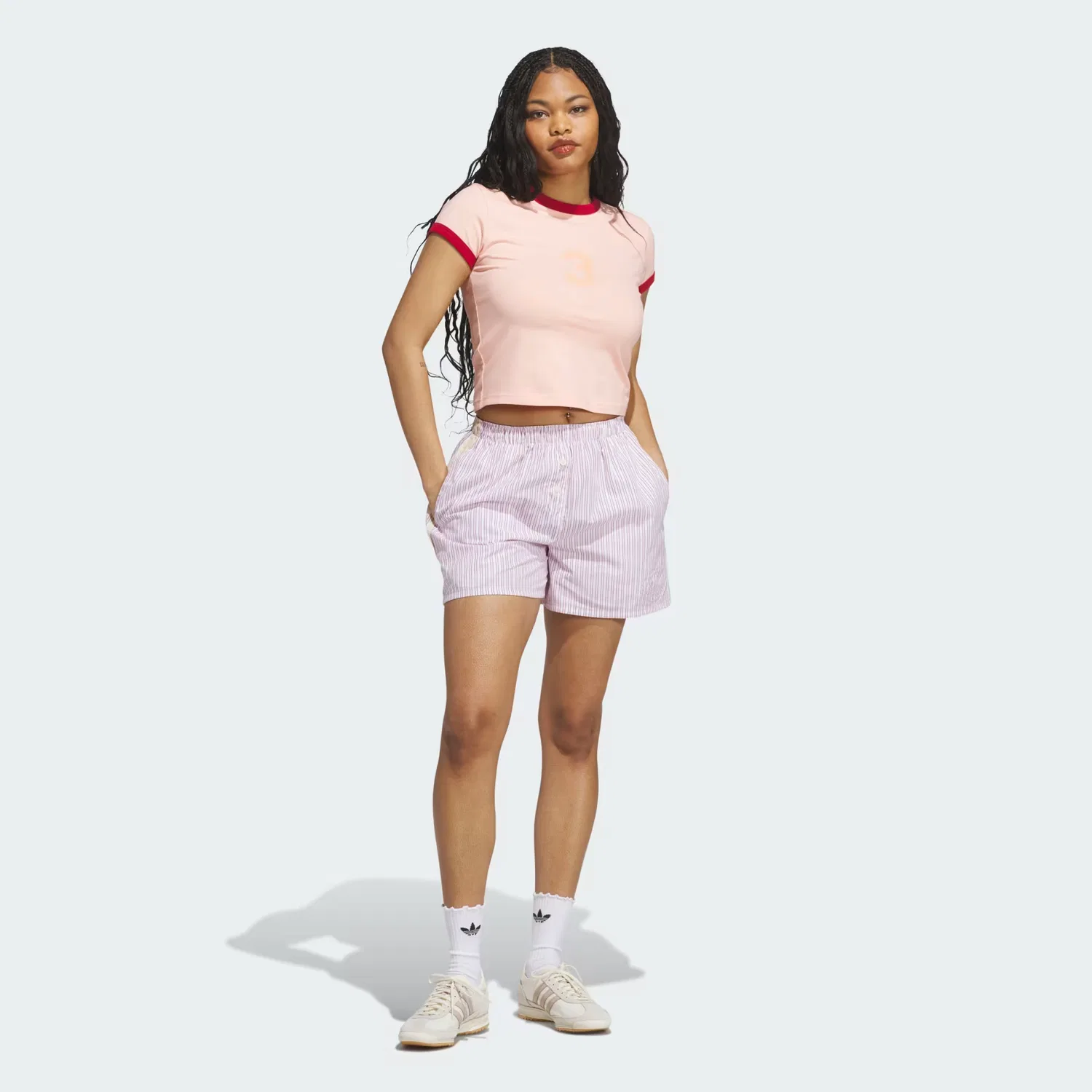 Женские шорты-боксеры в полоску Striped Boxer Shorts Adidas Originals, белый/team victory red/semi pink glow — фото 3