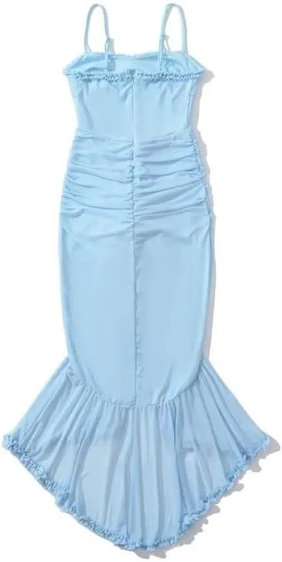 Женское асимметричное миди-платье с воланами и сеткой Asymmetrical Midi Dress, Sky Blue — фото 4