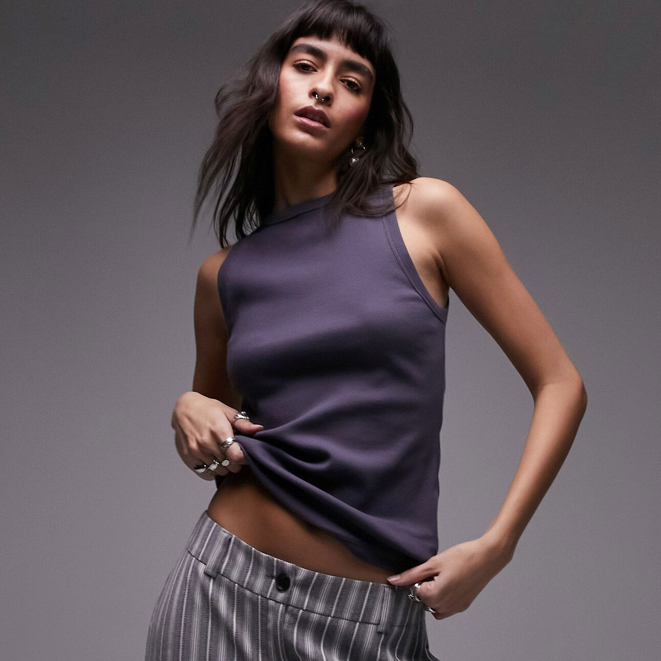 

Майка Topshop Ribbed With Fitted Cut, серо-синий