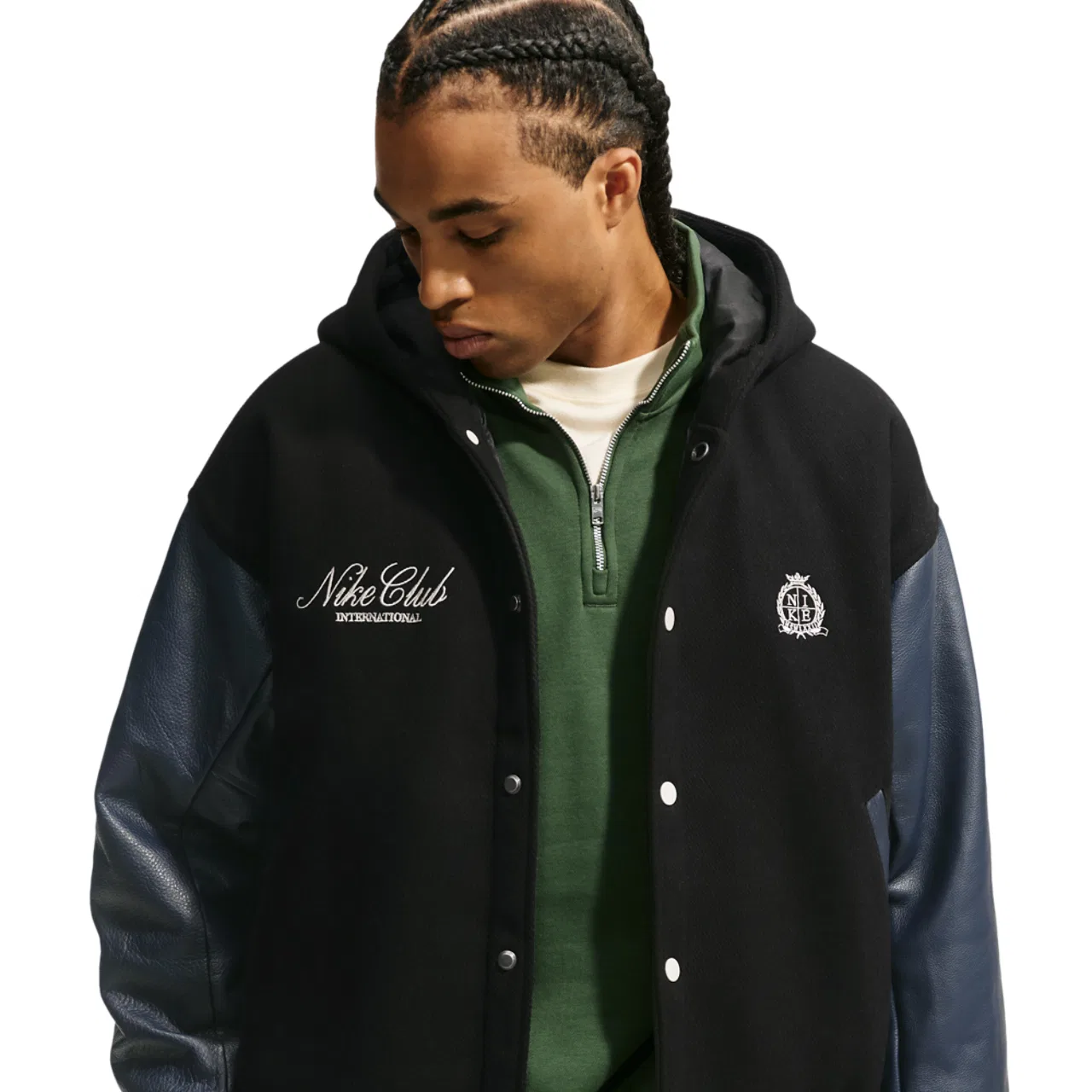 Мужская куртка-бомбер с капюшоном Nike Club Wool Varsity Jacket NCC, Black Obsidian Sanddrift