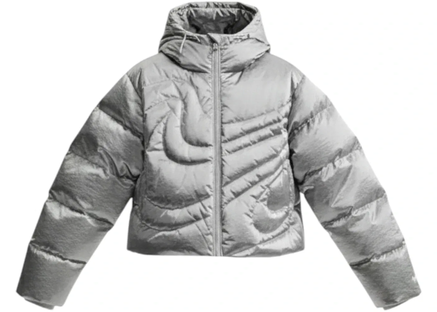 Женская куртка-пуховик оверсайз с принтом Swoosh Series Therma-FIT Nike, Metallic Silver/Light Smoke Grey