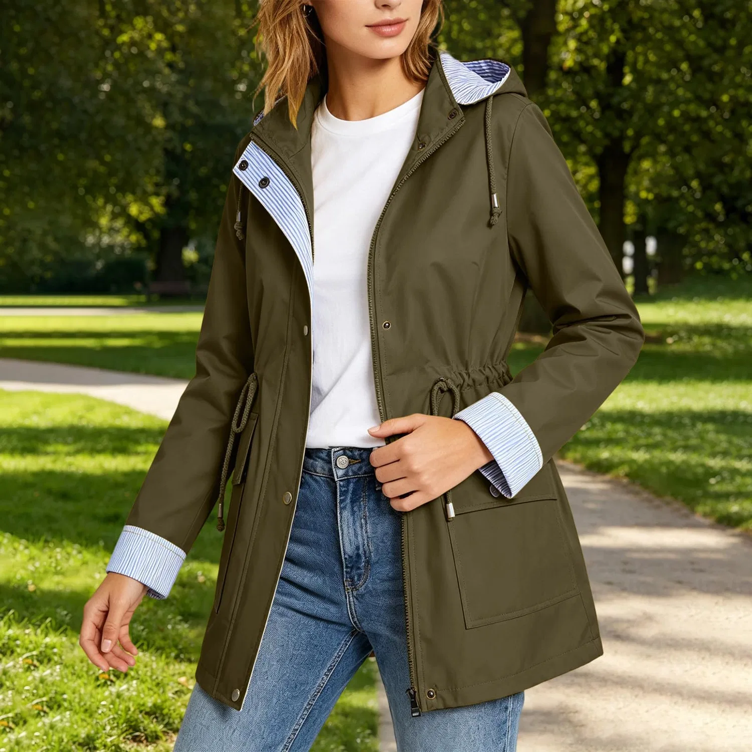 Женский дождевик легкий с капюшоном Trench Jacket, Verde militare — фото 2