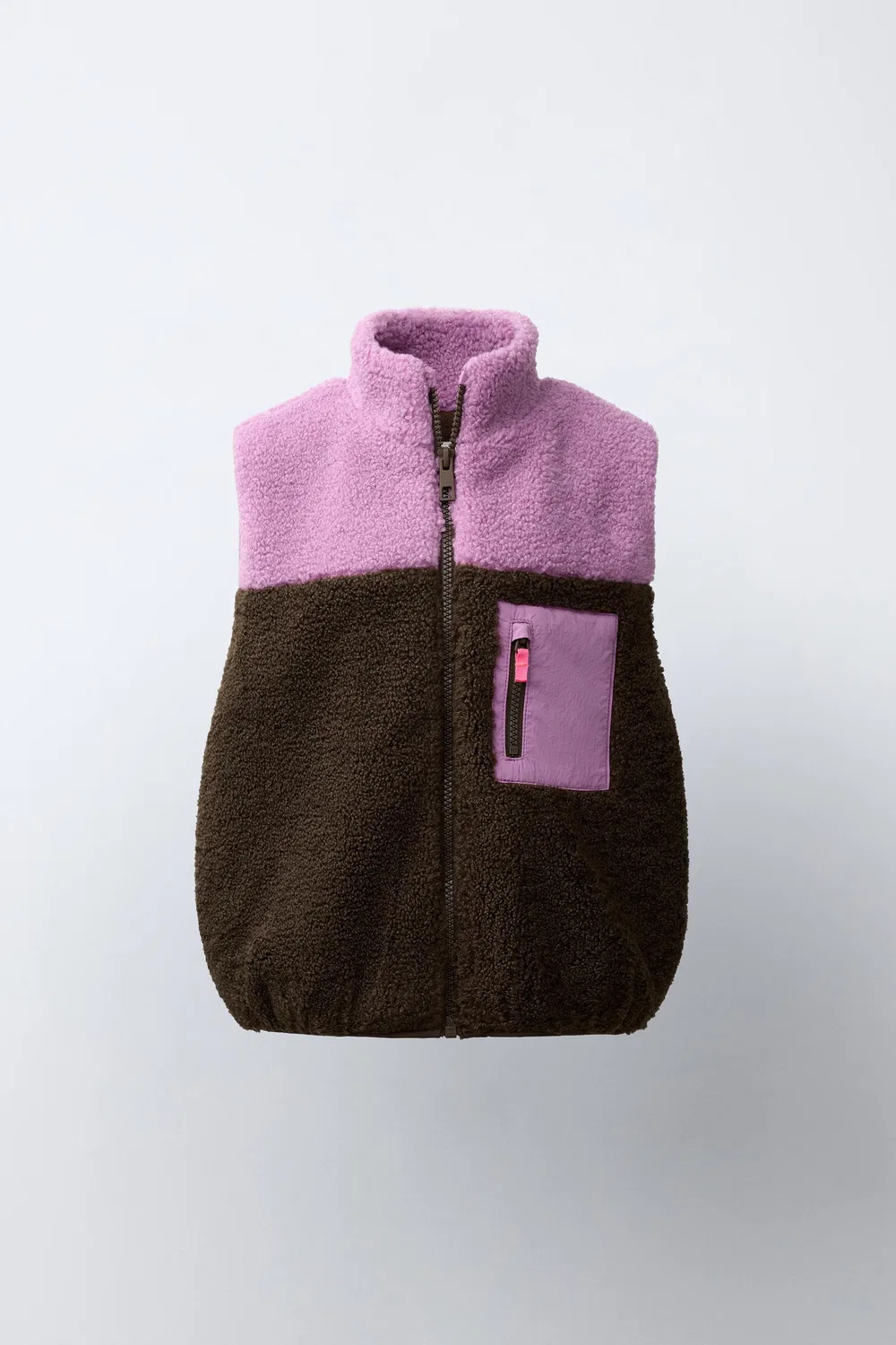 Жилет из искусственной овчины с цветовыми блоками ZARA, Brown