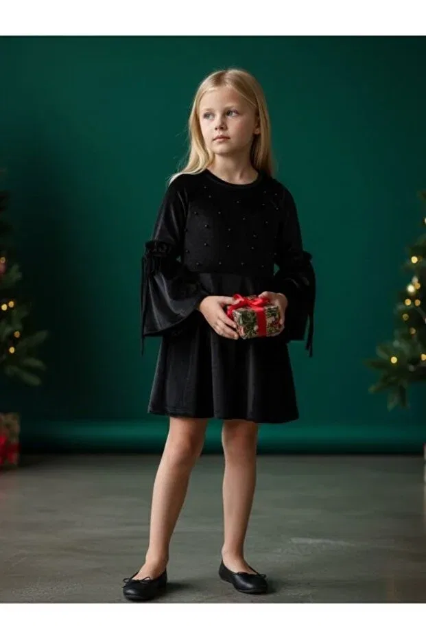 Детское платье для девочек из велюра с длинным рукавом Zekids, Black — фото 2