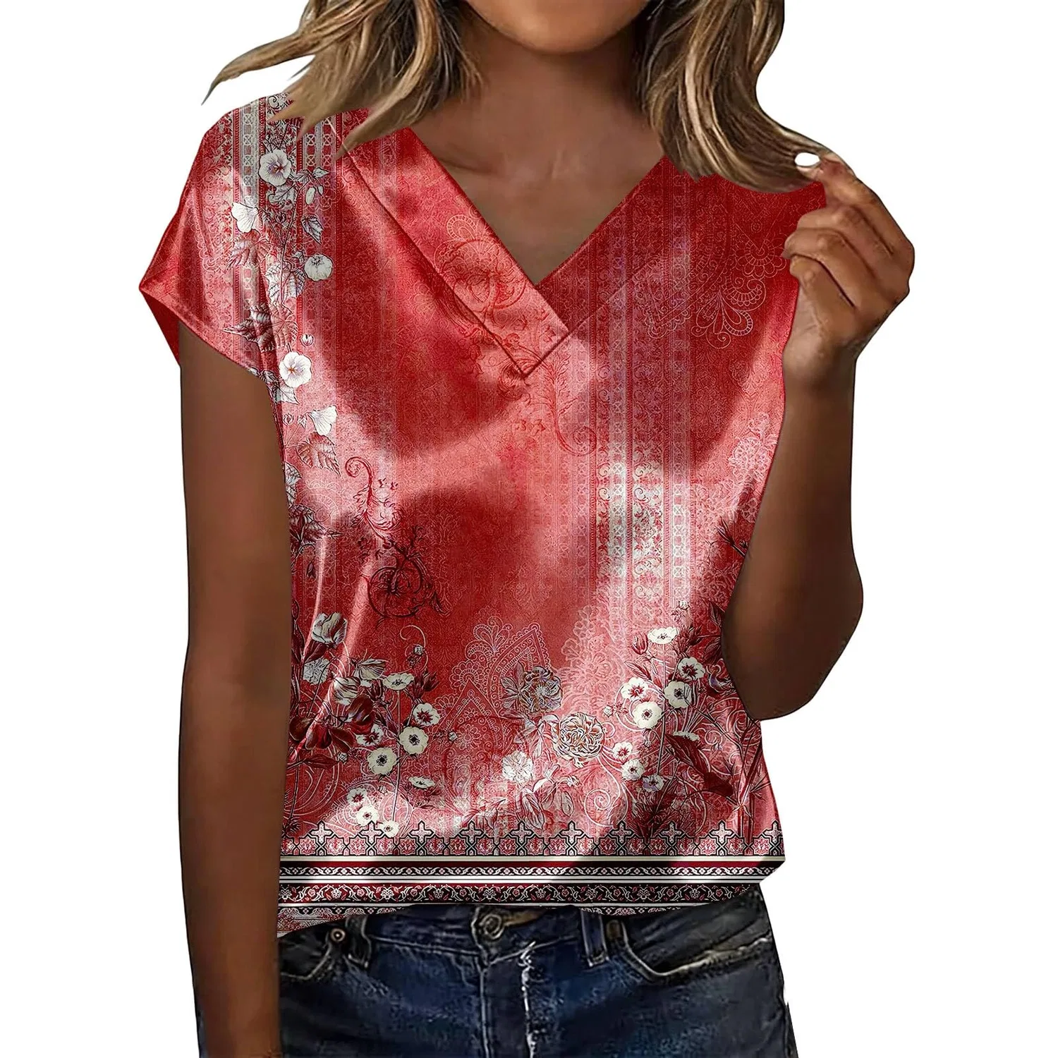 Женская блузка с коротким рукавом из шелкового сатина, Z21-red Satin Blouses for Women