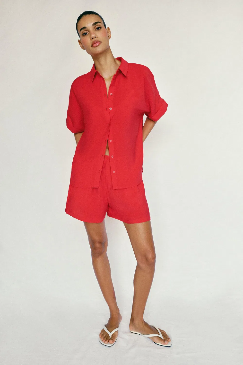 Свободная рубашка с коротким рукавом ZARA, Red