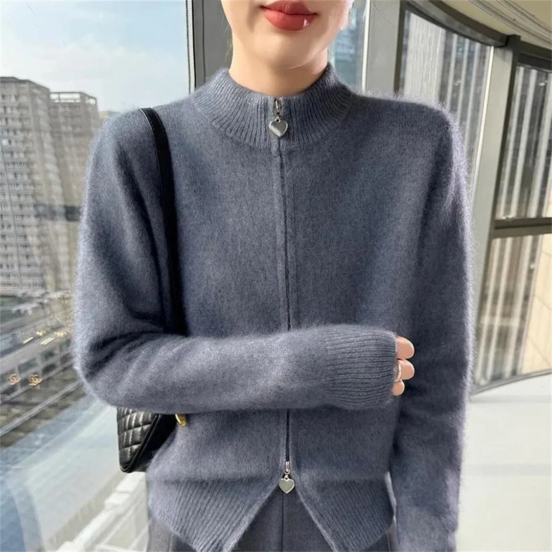 Женский кардиган на молнии из футера, Winter Fuzzy Knit, светло-коричневый — фото 4