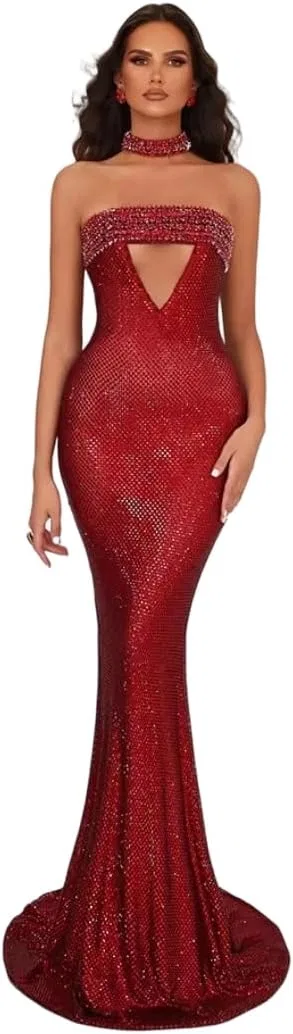 Женское вечернее платье с принтом, Crystal Strapless, красный