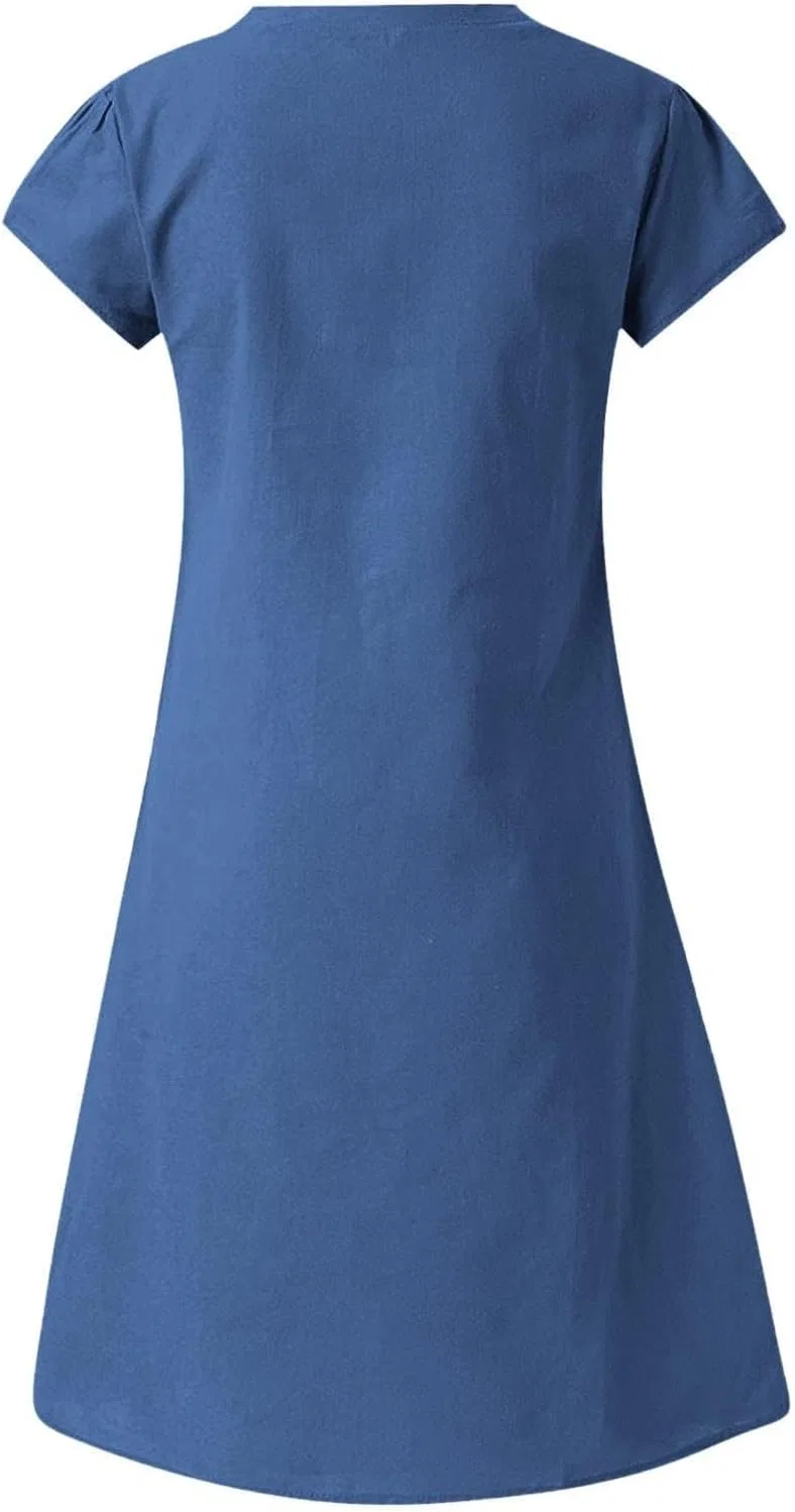Женское платье миди V-образным вырезом Cotton Linen, Blue — фото 4