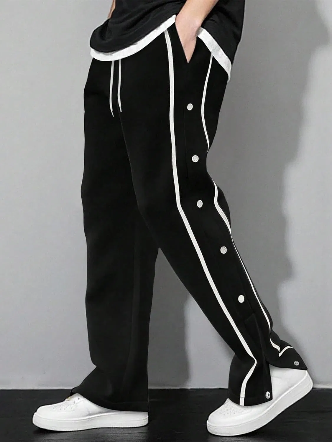 Мужские спортивные штаны на кулиске, Tape Button Side Drawstring Waist, чёрный — фото 2