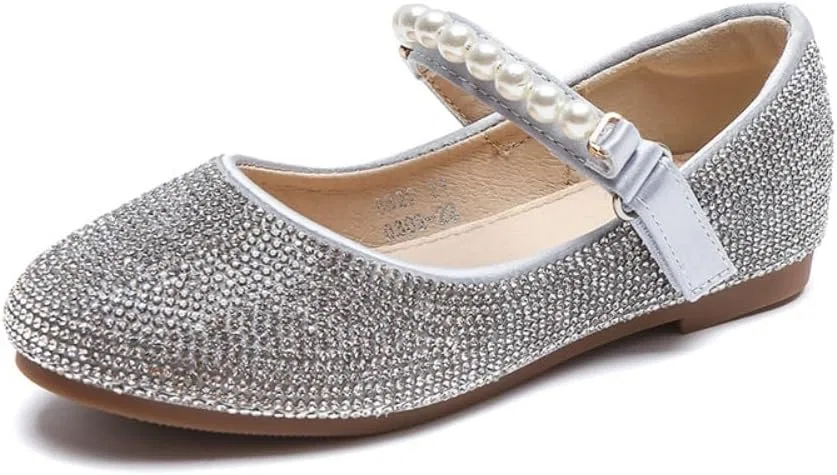 Детские туфли Мэри Джейн с блестками и жемчугом GOJERP, Silver