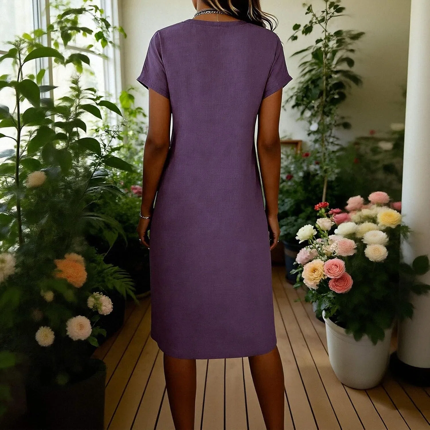 Женское летнее льняное платье миди с V-образным вырезом, Purple — фото 3
