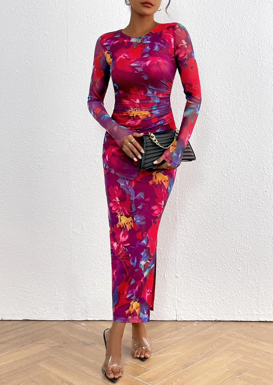 Женское облегающее платье макси с цветочным принтом Navy Red Big Floral — фото 4