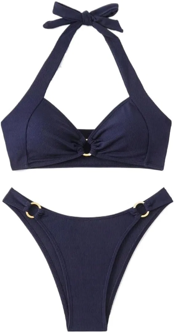 Женский бикини-сет с высокой талией и завязками на шее, Navy Blue