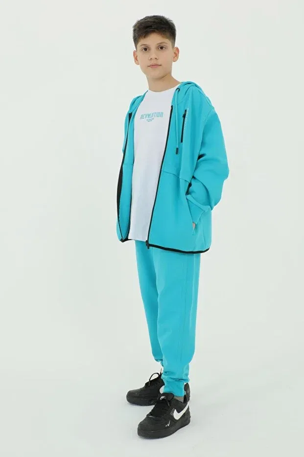Детский комплект спортивного костюма для мальчиков с принтом Boy'S hooded three piece print detailed tracksuit set Black One, Lake Blue — фото 3