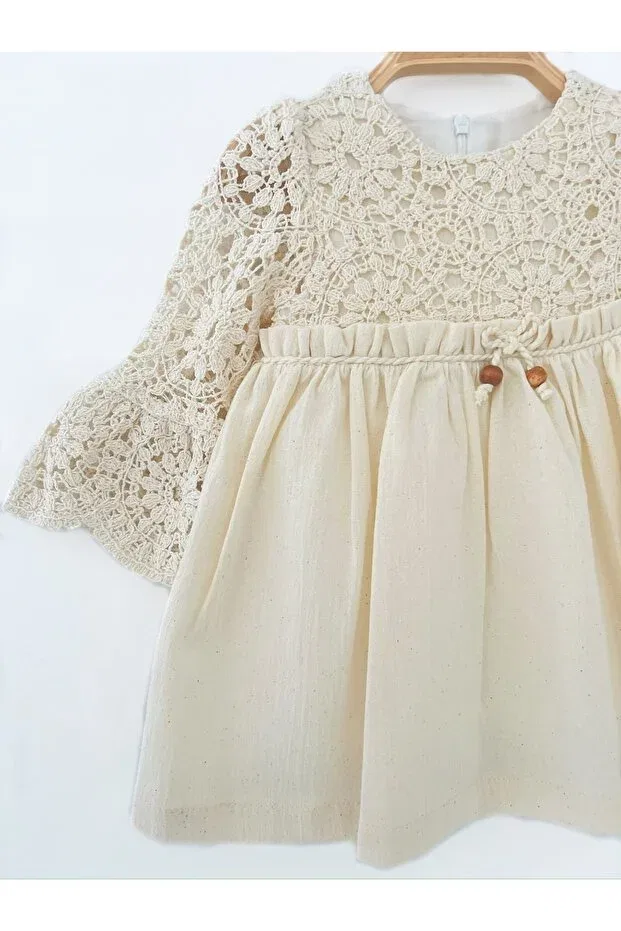 Детское платье для девочек кружевное с длинным рукавом Colored Baby, Beige — фото 3