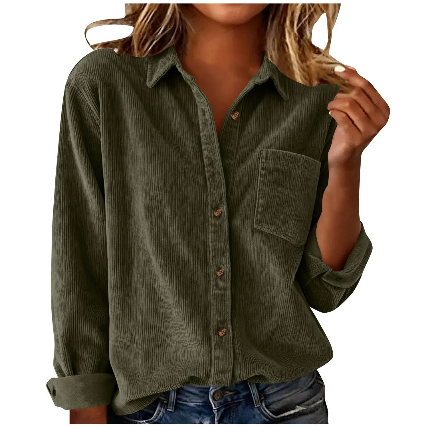 Женская куртка из вельвета в рубчик с длинным рукавом, модель Vintage Oversize, Verde militare 1
