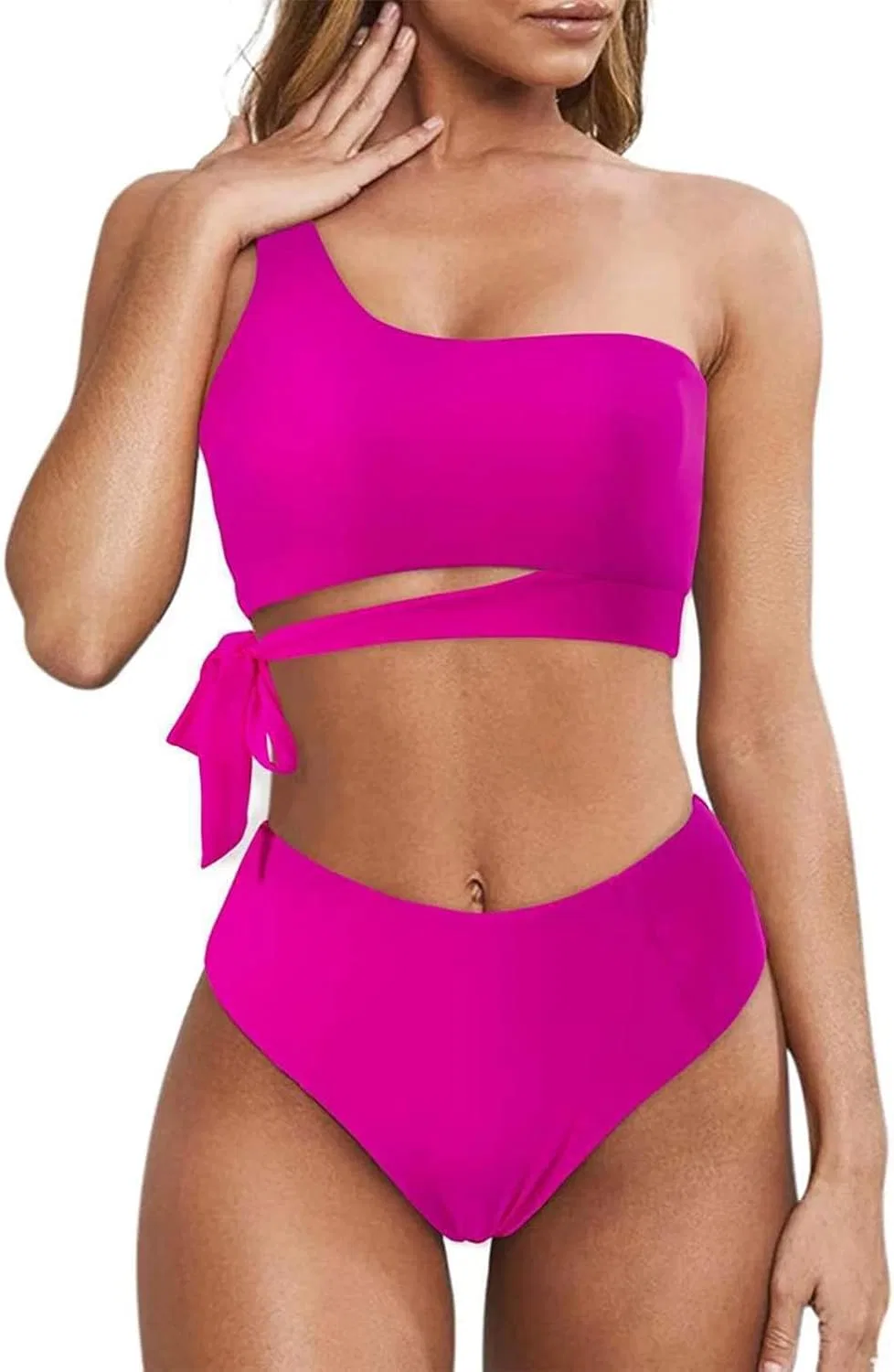 Женский бикини-комплект с высокой талией One Shoulder, Hot Pink