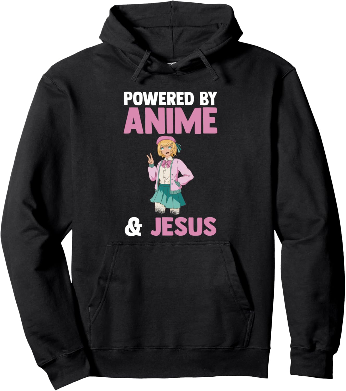 

Худи с надписью «Powered by Anime & Jesus Anime Goods» Anime Merchandice & Jesus Gift, черный