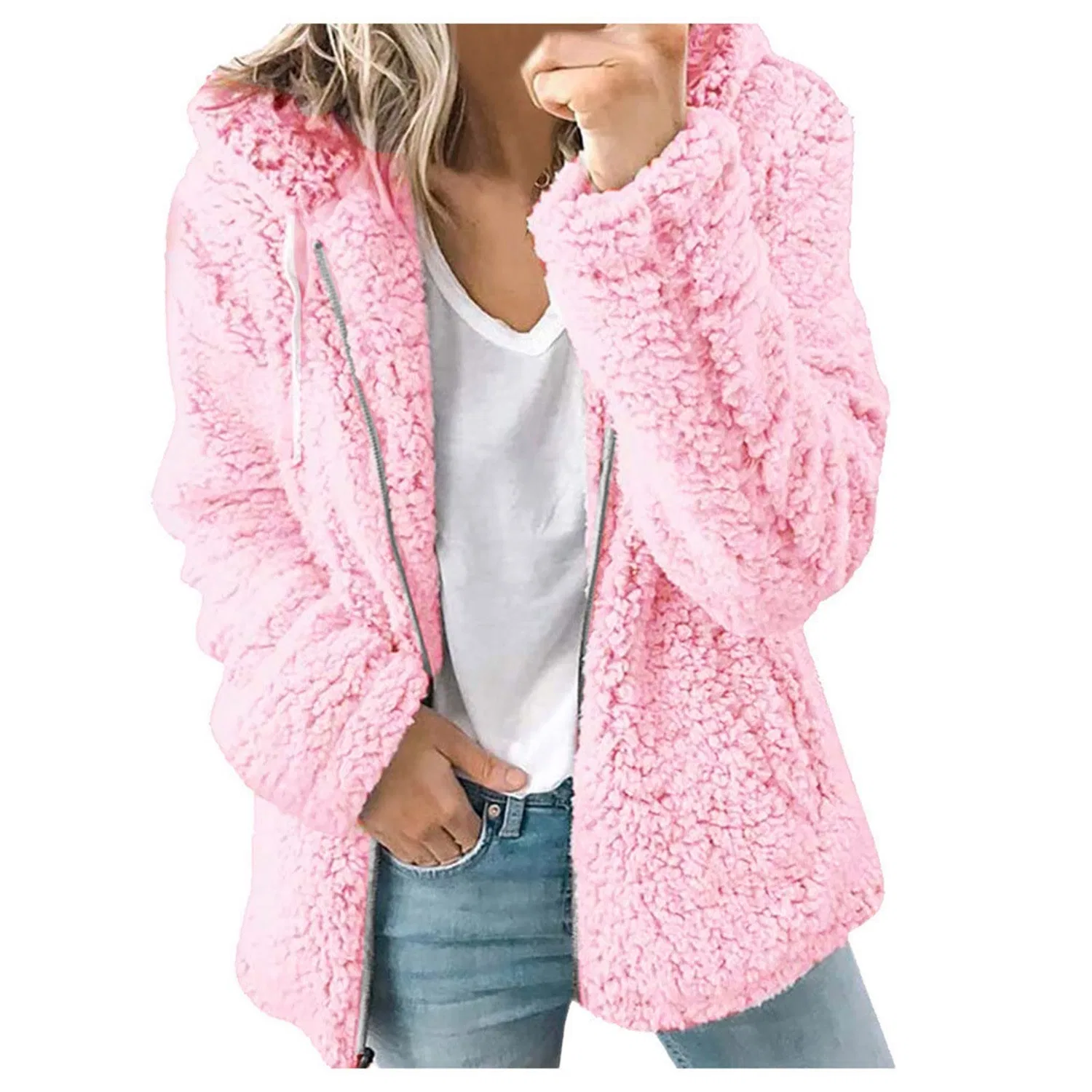 Женское утеплённое пальто с капюшоном, на молнии, из флиса, Winter Coats for Women Hooded, pink