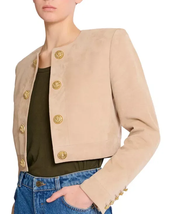 Женская куртка из замши Cropped Suede Leather Jacket Balmain, бежевый — фото 4