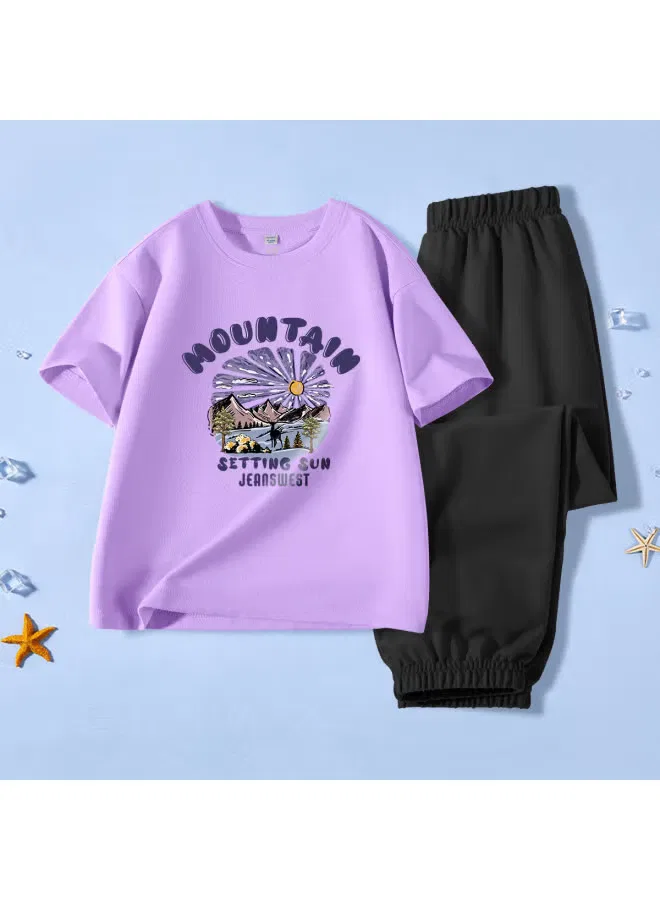 Комплект футболка с коротким рукавом и брюки от комаров хлопковый Jeanswest, светло-фиолетовый — фото 2